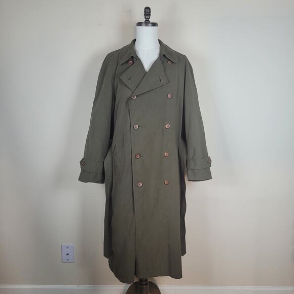 Perusal Trench Coat 44L Green Belted Classic Double Breasted Collared Wool Liner - Picture 4 of 11
